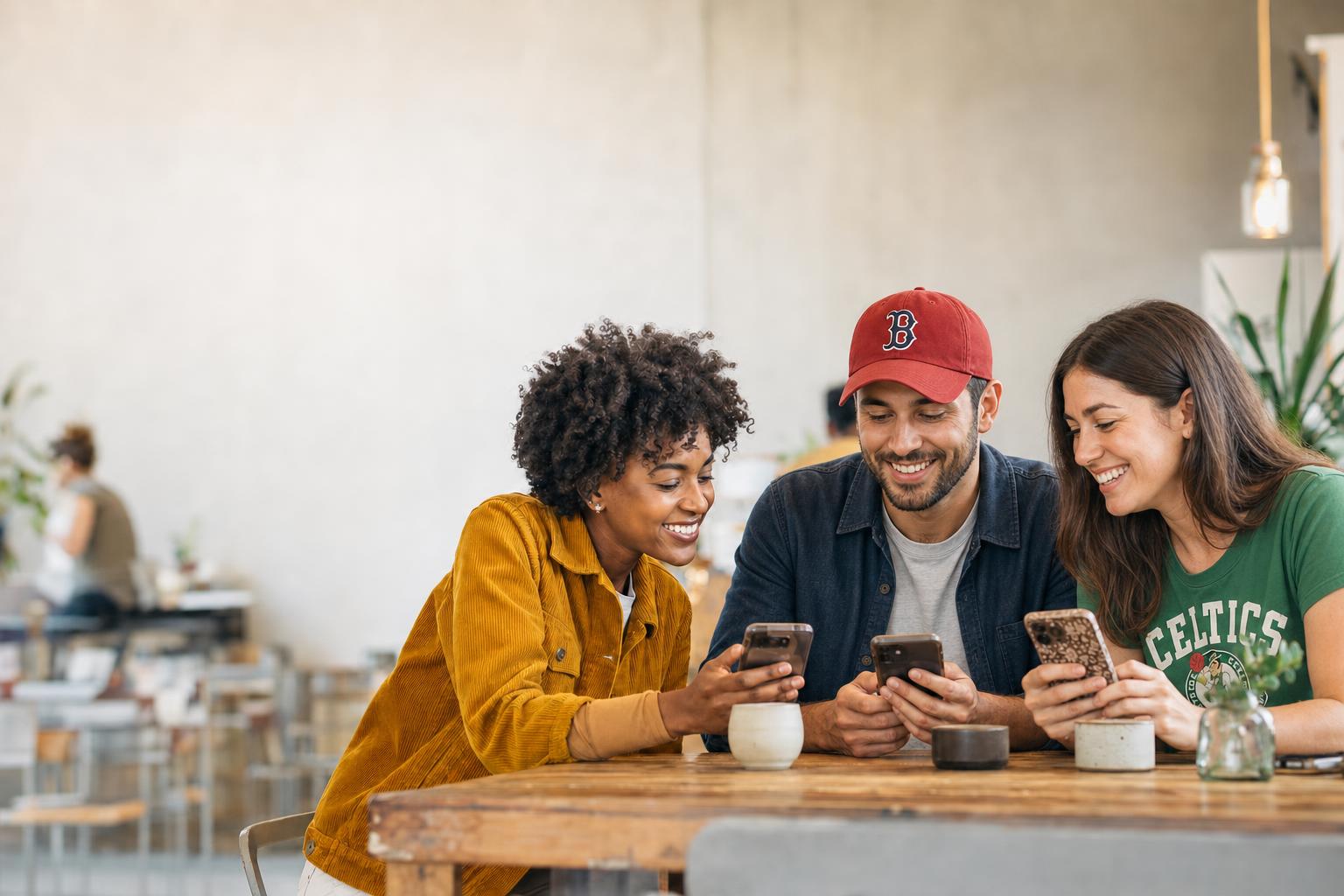 Friends smiling while using phones together